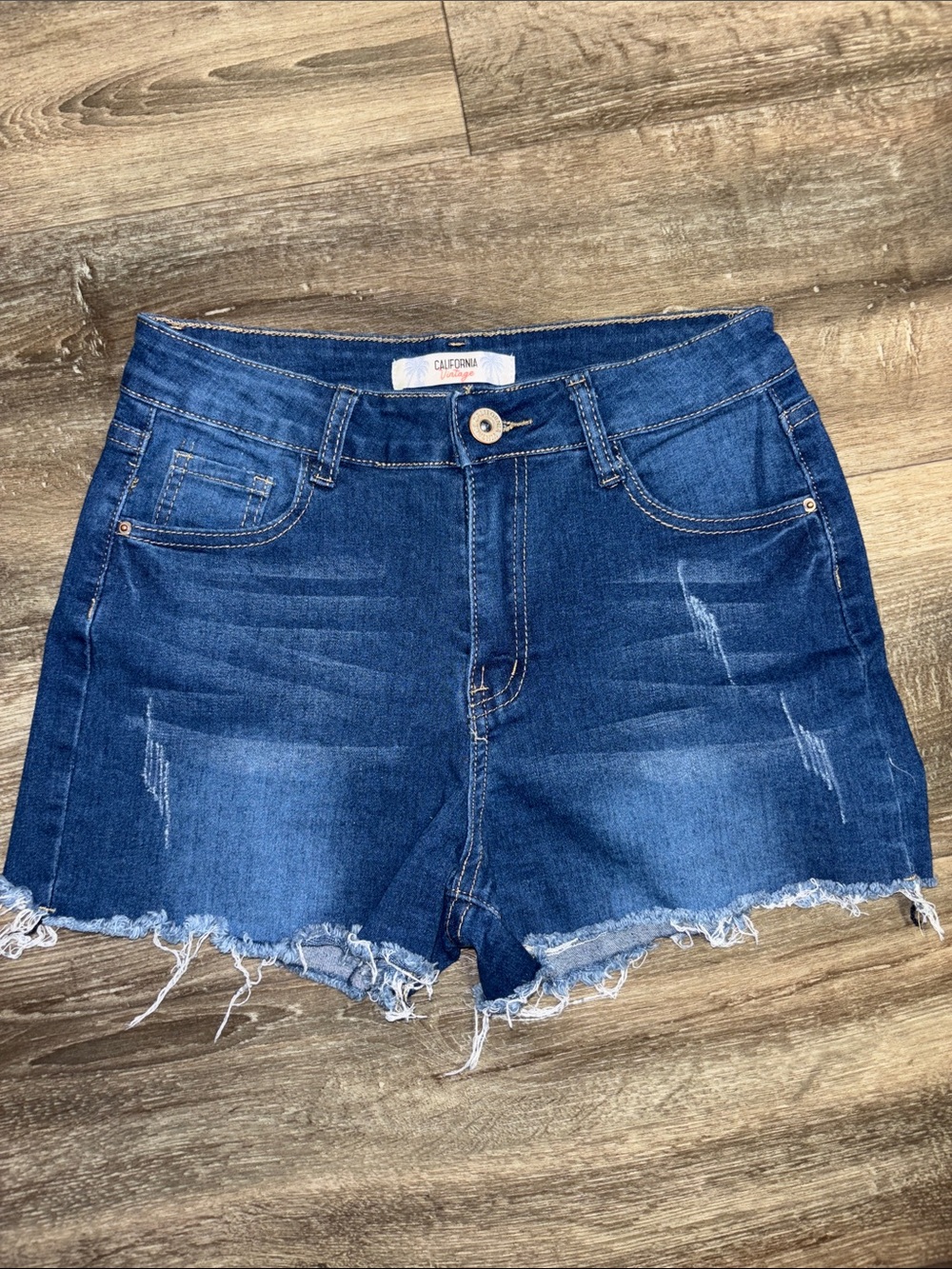 California Vintage Denim Frayed Hem Shorts Dark Blue, Size 7